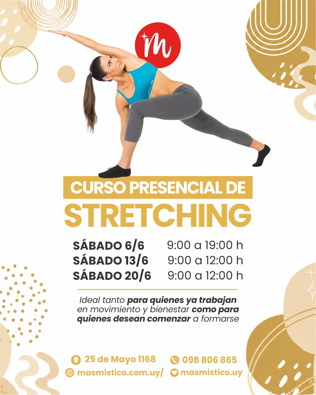 Afiche del curso presencial de Stretching con las fechas y horarios de cada encuentro